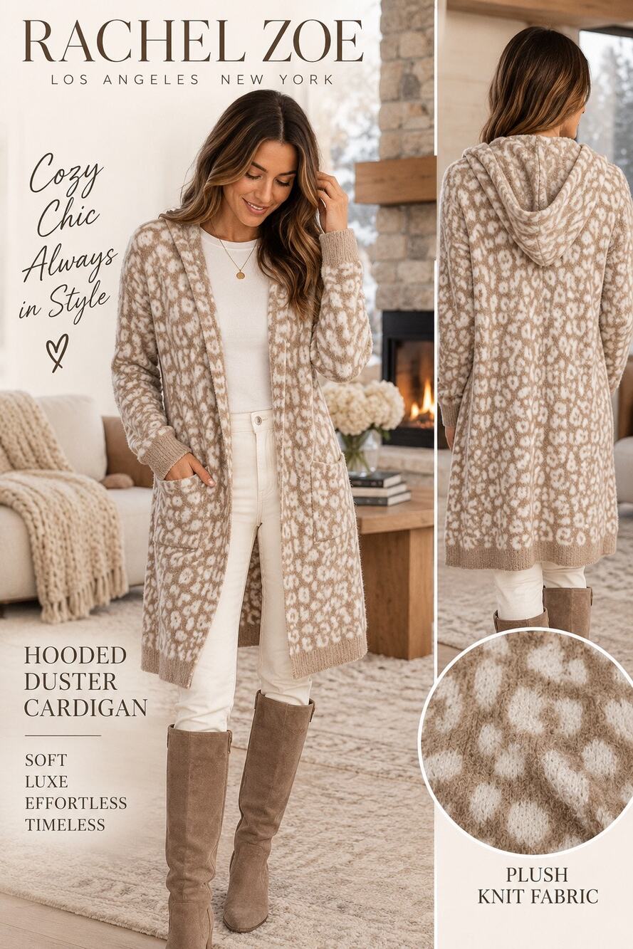 Cozy Luxe Lounge Leopard Hooded Duster Cardigan Rachel Zoe Tan Ivory Longline L